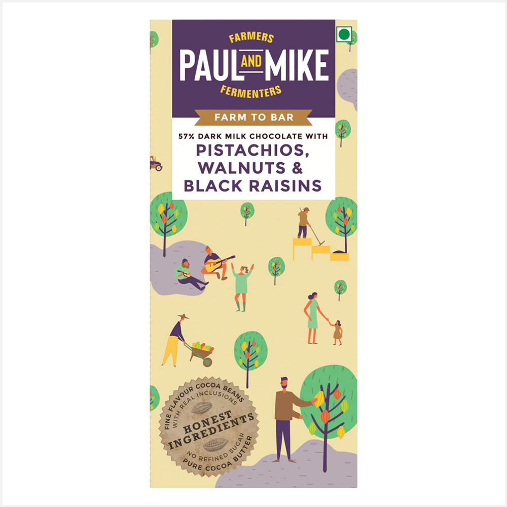 Paul & Mike 57% Vegan Pistachios, Walnuts & Black Raisins Dark Chocolates