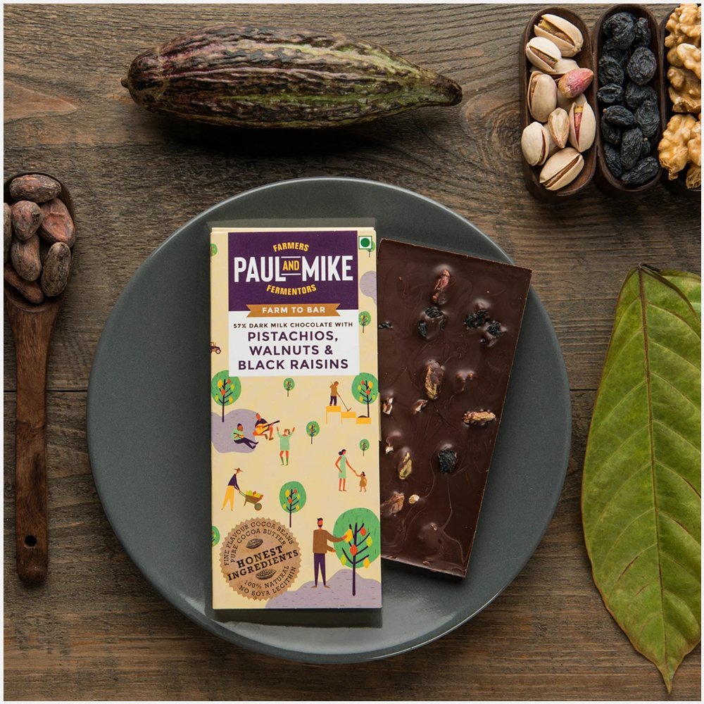 Paul & Mike 57% Vegan Pistachios, Walnuts & Black Raisins Dark Chocolates