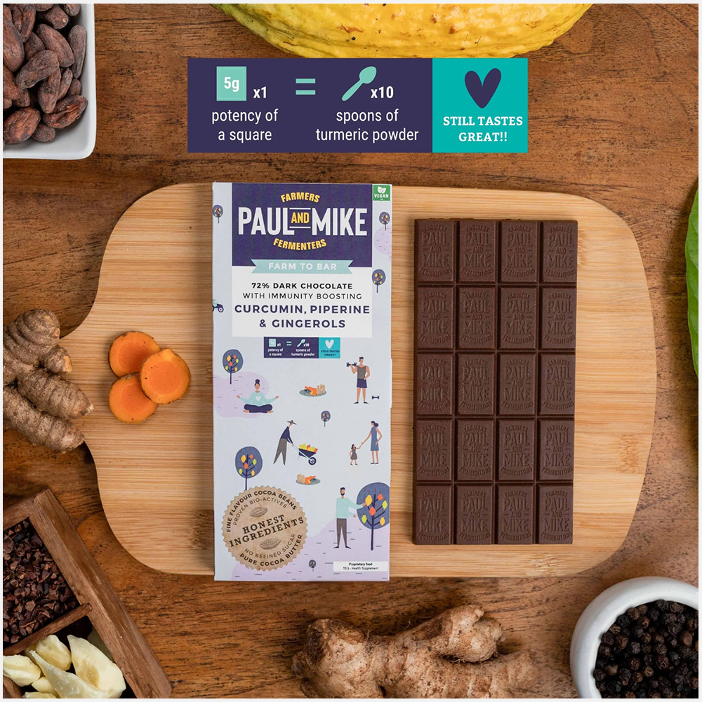 Paul & Mike 72% Immunity Boosting Curcumin, Piperine & Gingerols Dark Chocolates