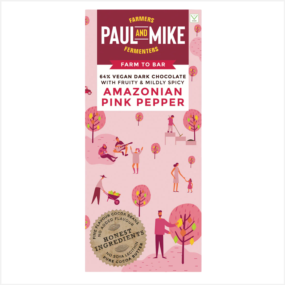Paul & Mike 64% Vegan Fruity & Mildly Amazonian Pink Pepper Dark Chocolates