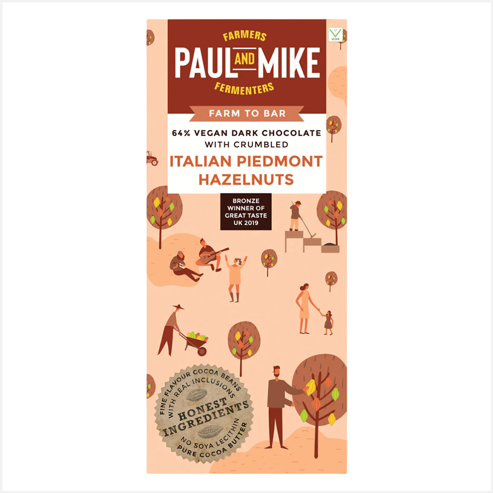 Paul & Mike 64% Vegan Crumbled Italian Piedmont Hazelnuts Dark Chocolates