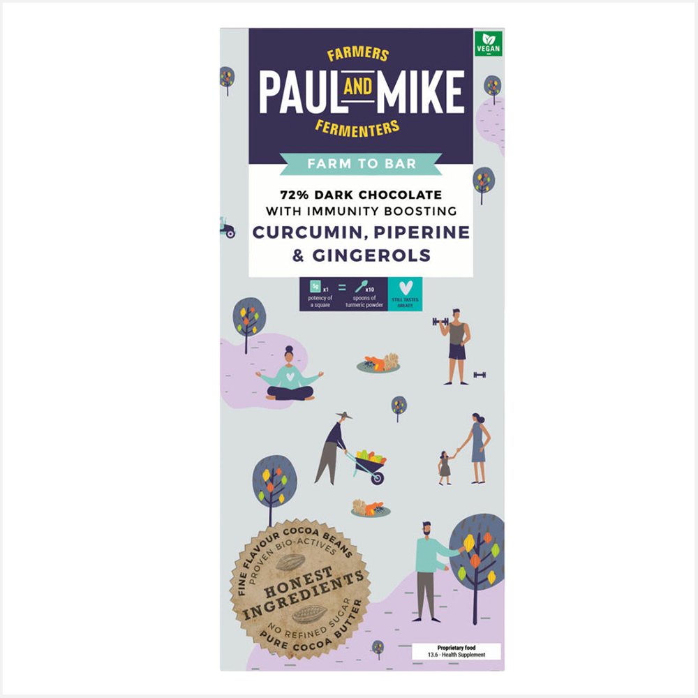Paul & Mike 72% Immunity Boosting Curcumin, Piperine & Gingerols Dark Chocolates